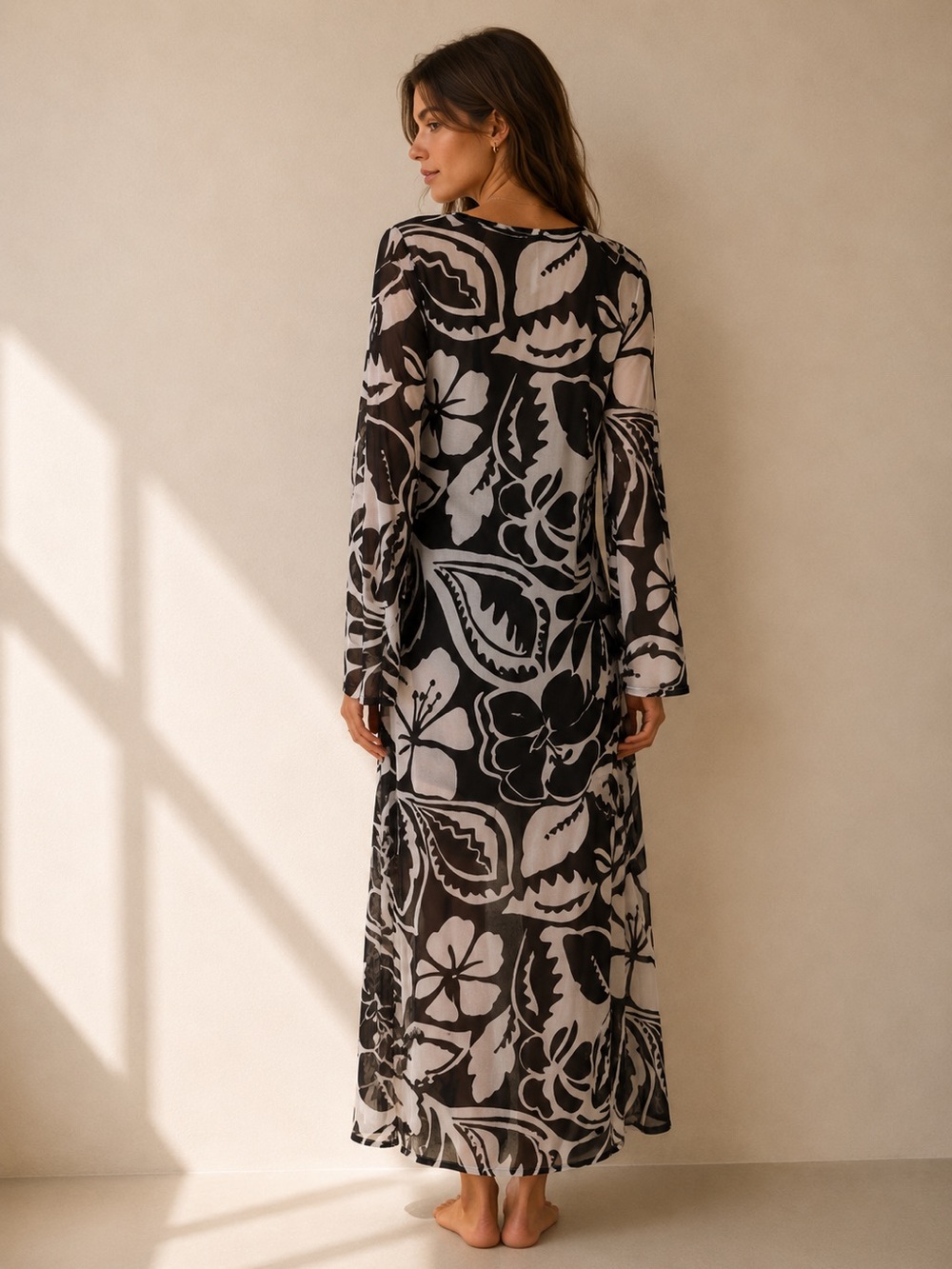Trina Turk Florence Mesh Floral Cover Up Dress in Black and Cream - Picture 2 of 6